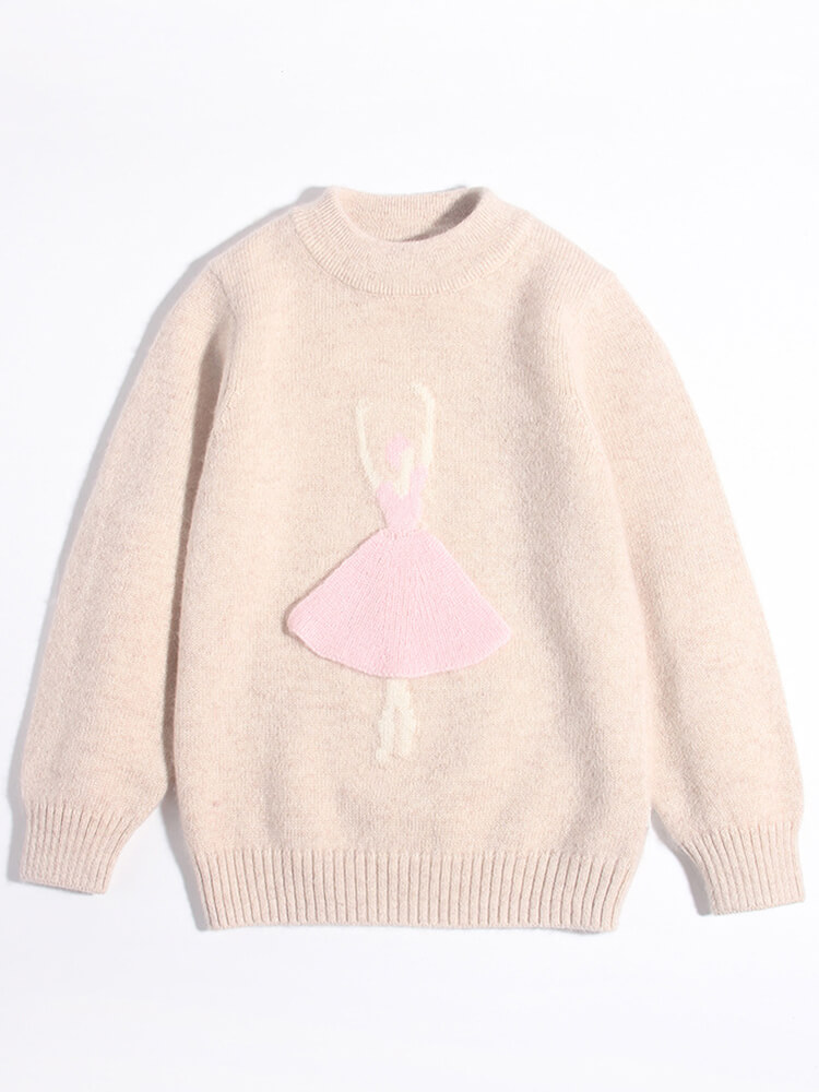 Girls Beige Knit 3D Pink Ballerina Cashmere Pullover Sweater